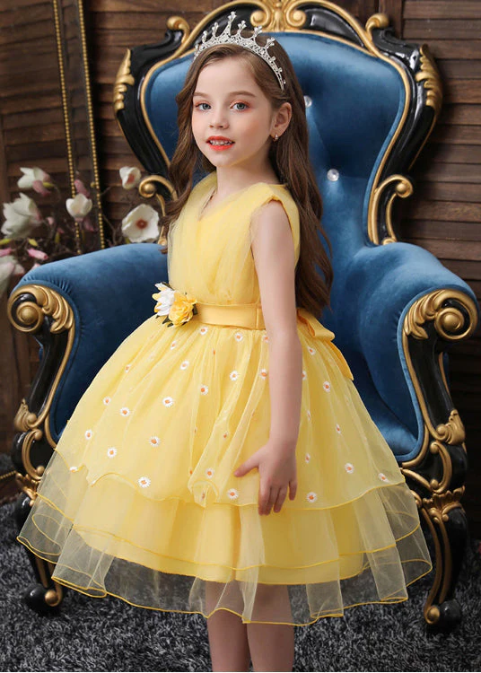 Art Yellow Embroideried Daisy Tulle Baby Girls Party Dress Summer - Image 4