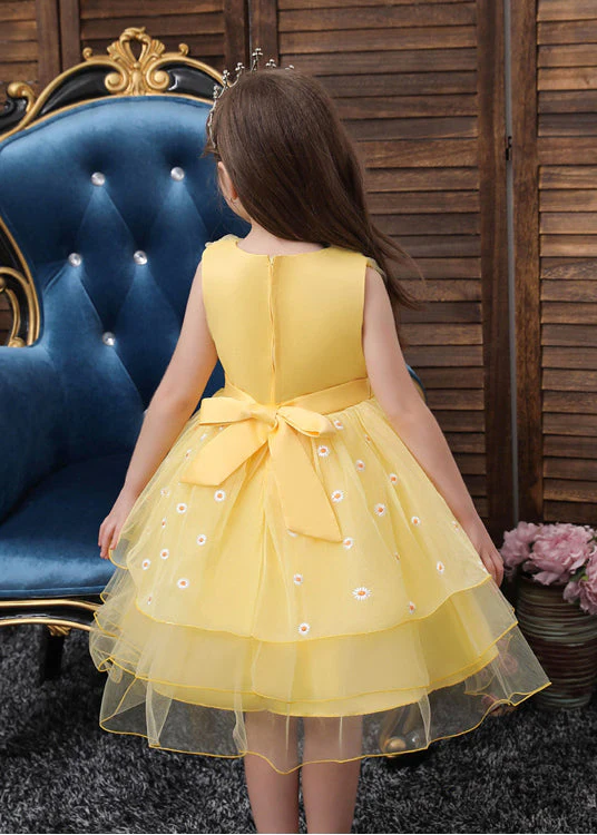 Art Yellow Embroideried Daisy Tulle Baby Girls Party Dress Summer - Image 5