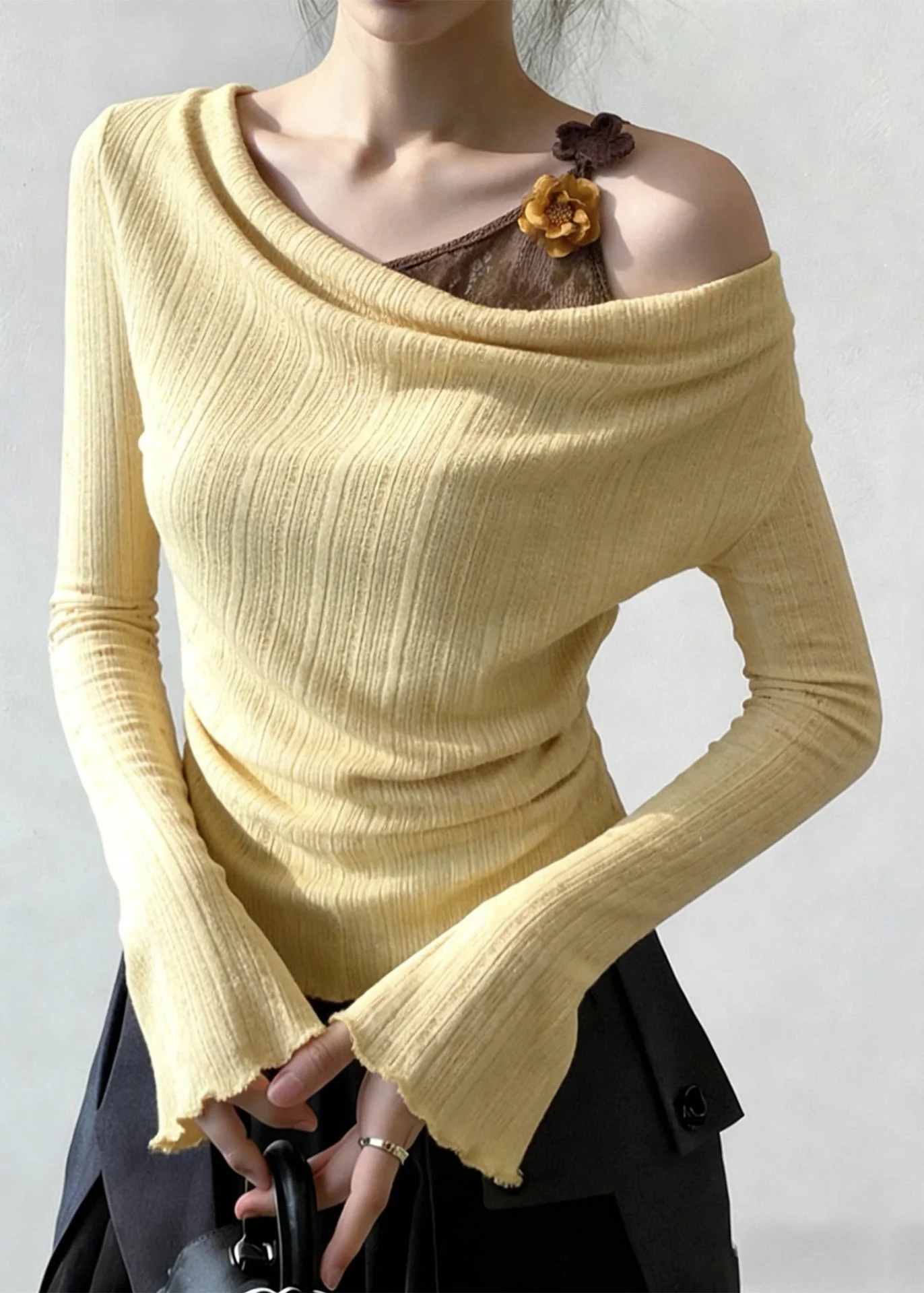 Art Yellow Floral False Two Pieces Patchwork Knitting Cotton T Shirt Flare Sleeve