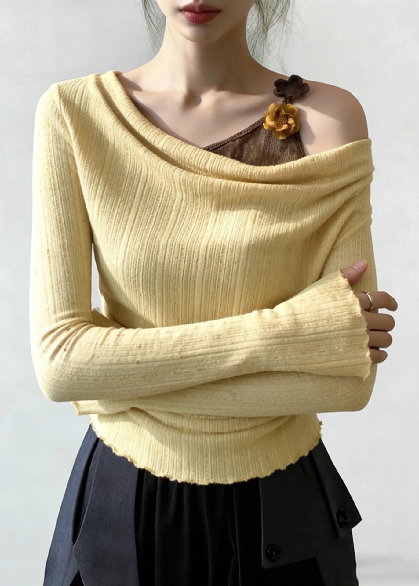 Art Yellow Floral False Two Pieces Patchwork Knitting Cotton T Shirt Flare Sleeve - Image 2