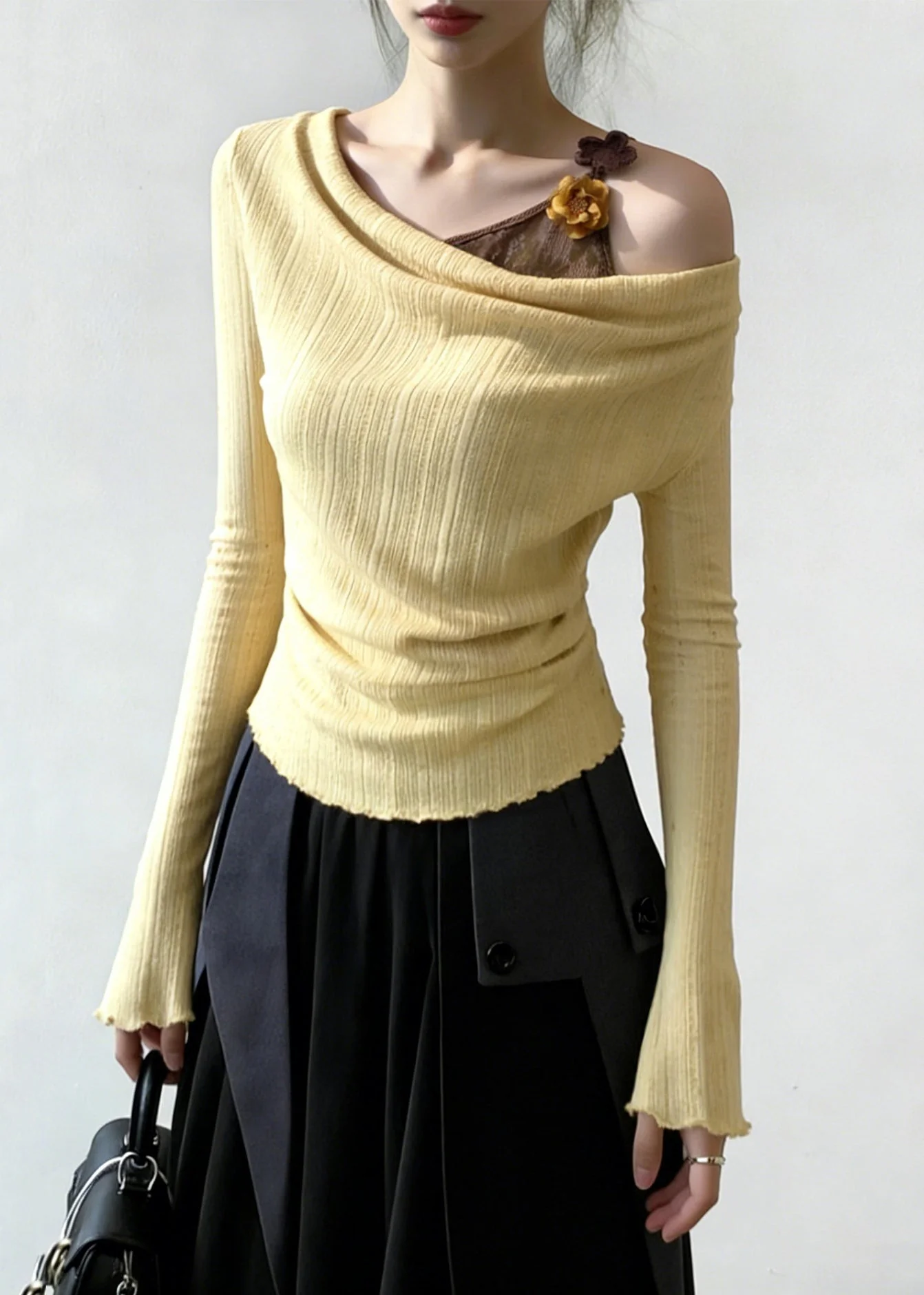 Art Yellow Floral False Two Pieces Patchwork Knitting Cotton T Shirt Flare Sleeve - Image 3