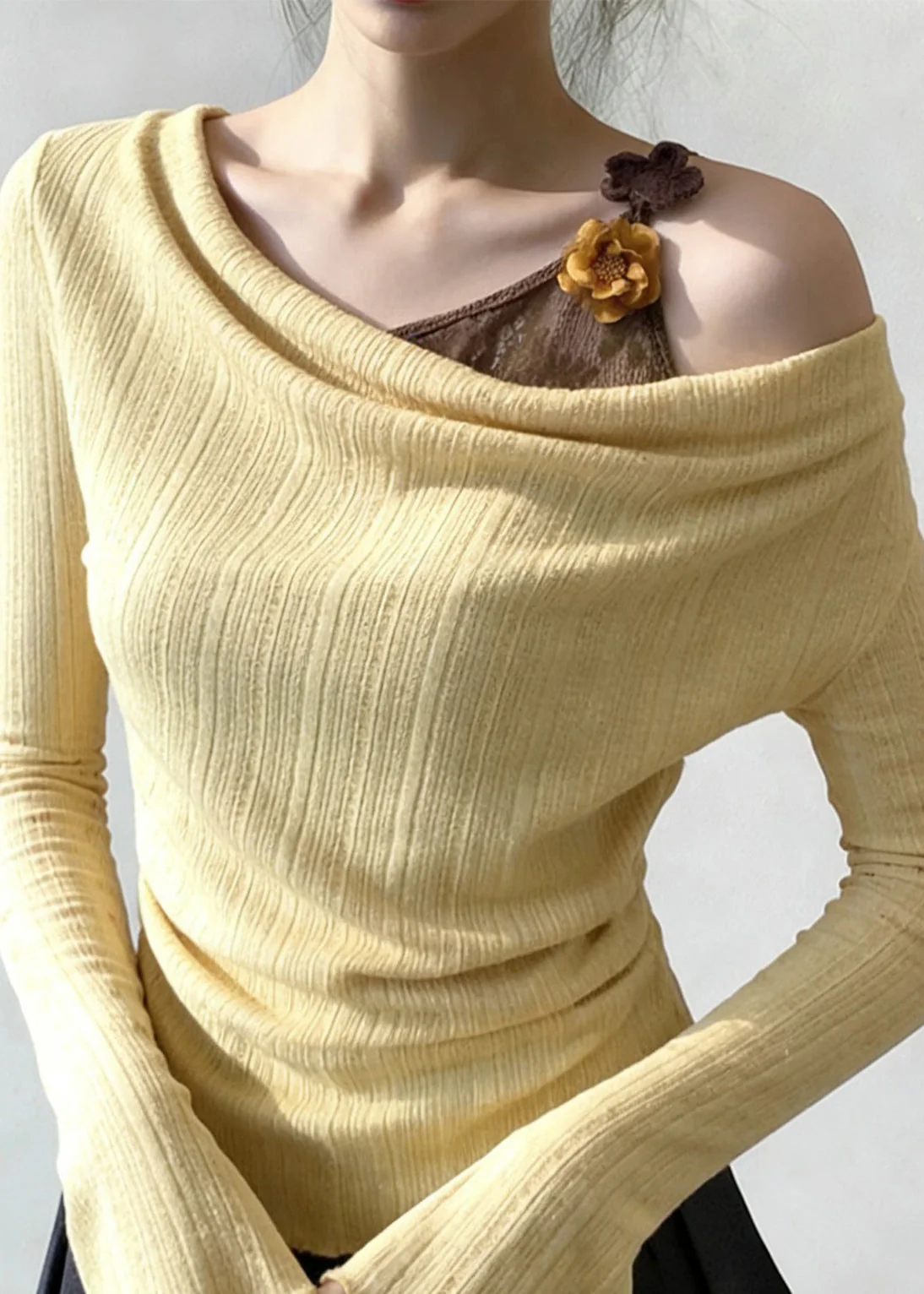 Art Yellow Floral False Two Pieces Patchwork Knitting Cotton T Shirt Flare Sleeve - Image 4