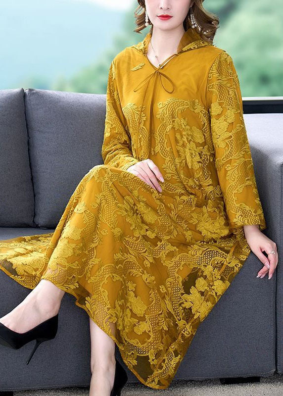 Art Yellow Hooded Embroideried Patchwork Silk Dress Spring - Image 2