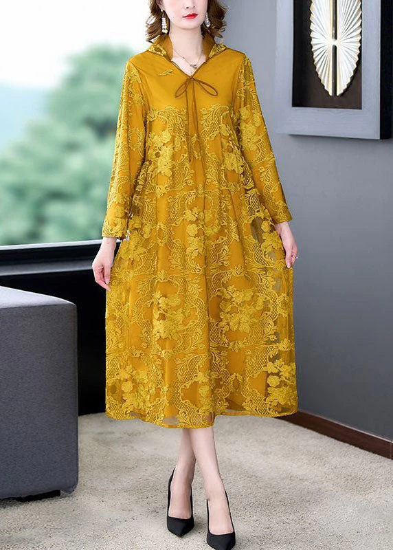 Art Yellow Hooded Embroideried Patchwork Silk Dress Spring - Image 3