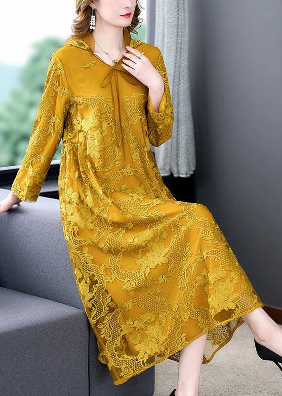 Art Yellow Hooded Embroideried Patchwork Silk Dress Spring - Image 4