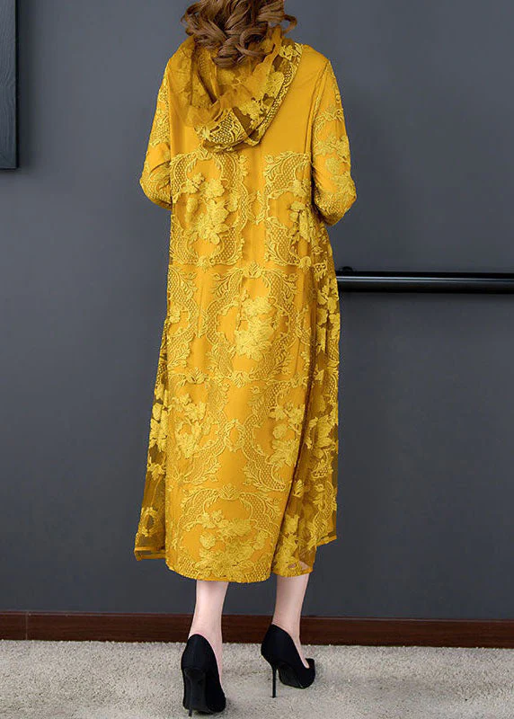 Art Yellow Hooded Embroideried Patchwork Silk Dress Spring - Image 5