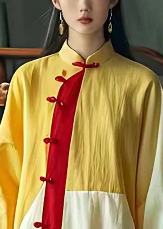 Art Yellow Mandarin Collar Patchwork Linen Oriental Dress Summer - Image 3