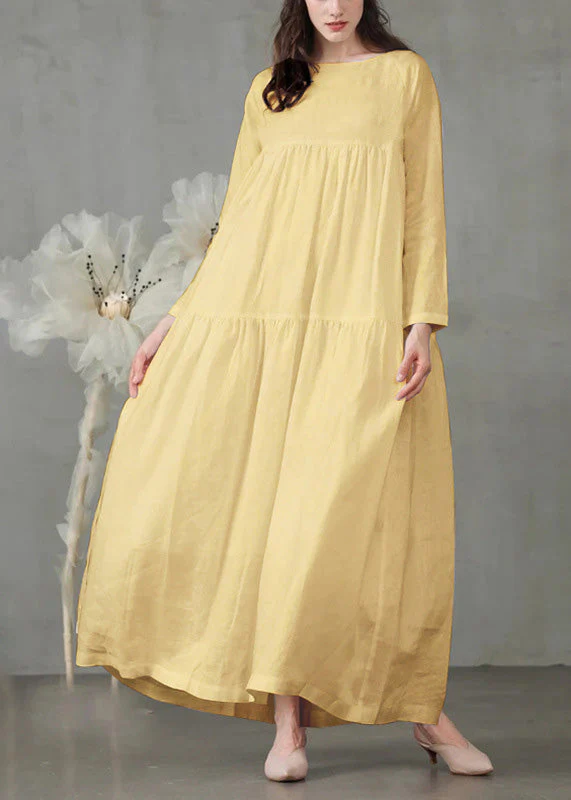 Art Yellow Patchwork Solid Loose Linen Dress Long Sleeve - Image 3