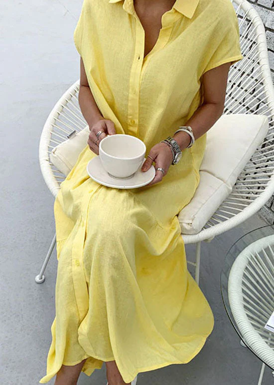 Art Yellow Peter Pan Collar Wrinkled Patchwork Cotton Shift Dress Summer - Image 2