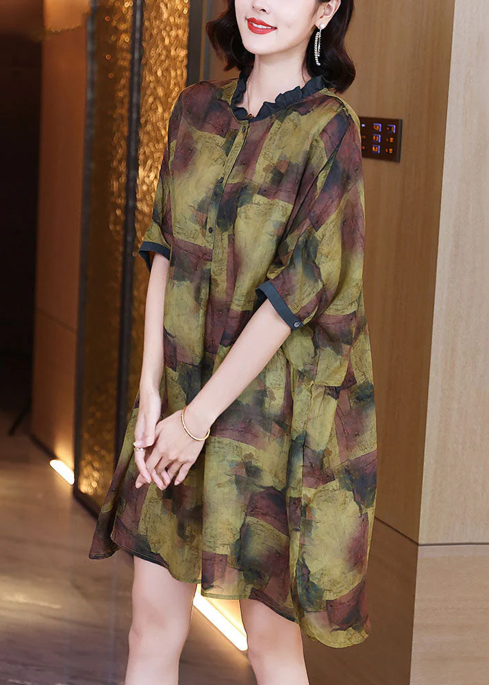 Art Yellow Ruffled Print Patchwork Linen Mid Dress Summer - Image 5