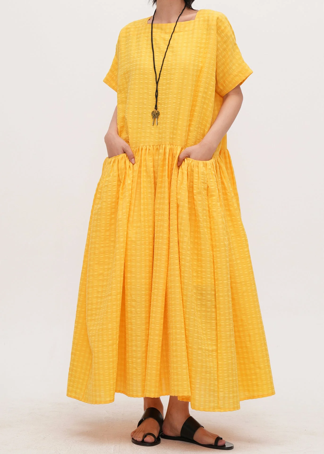 Art Yellow Square Collar With Pockets Cotton Holiday Dress Summer - Image 2