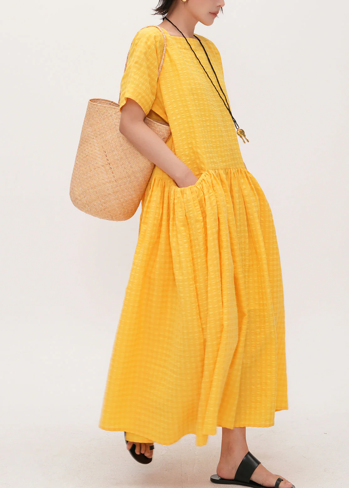 Art Yellow Square Collar With Pockets Cotton Holiday Dress Summer - Image 3