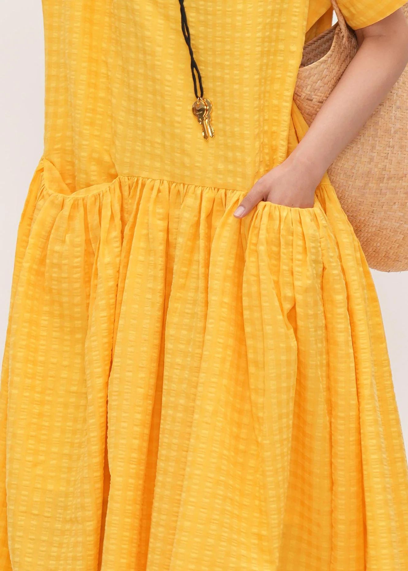Art Yellow Square Collar With Pockets Cotton Holiday Dress Summer - Image 5