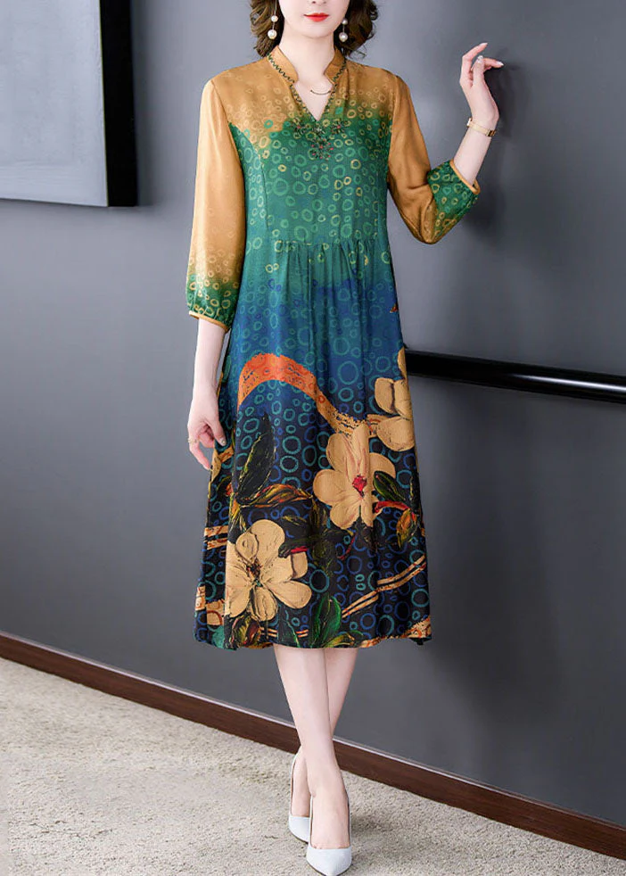 Art Yellow Stand Collar Print Wrinkled Patchwork Silk Dress Summer - Image 2