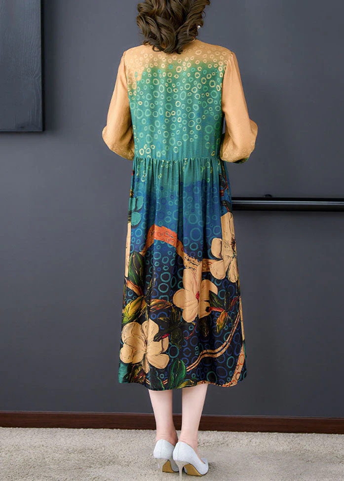 Art Yellow Stand Collar Print Wrinkled Patchwork Silk Dress Summer - Image 4