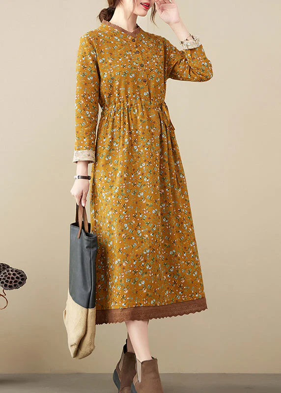 Art Yellow Stand Collar tie waist Print Lace Patchwork Dresses Long Sleeve - Image 2