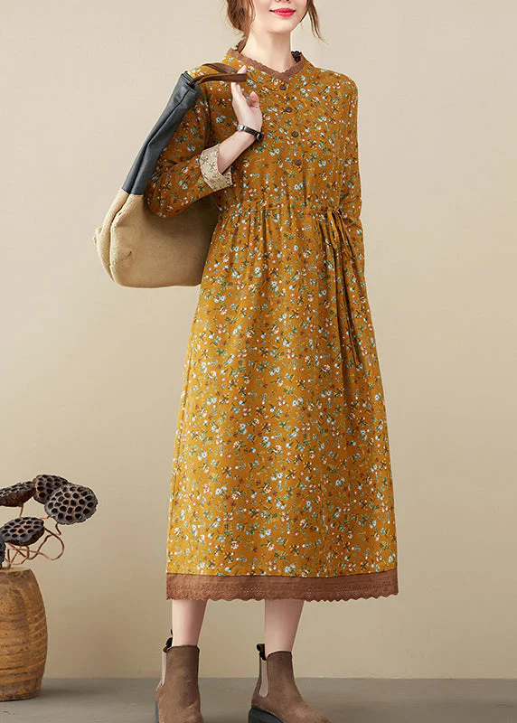Art Yellow Stand Collar tie waist Print Lace Patchwork Dresses Long Sleeve - Image 3