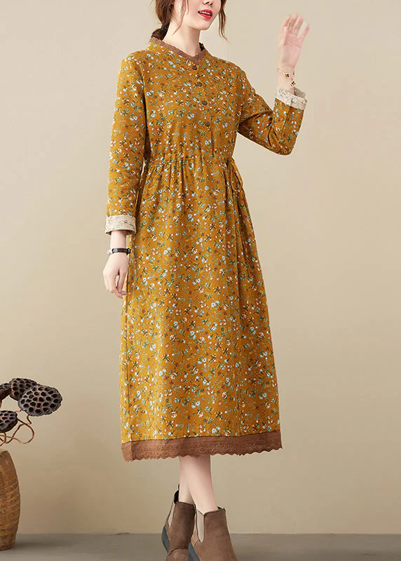 Art Yellow Stand Collar tie waist Print Lace Patchwork Dresses Long Sleeve - Image 4