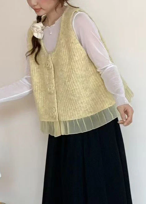 Art Yellow V Neck Floral Knit Vest Tops Spring - Image 3