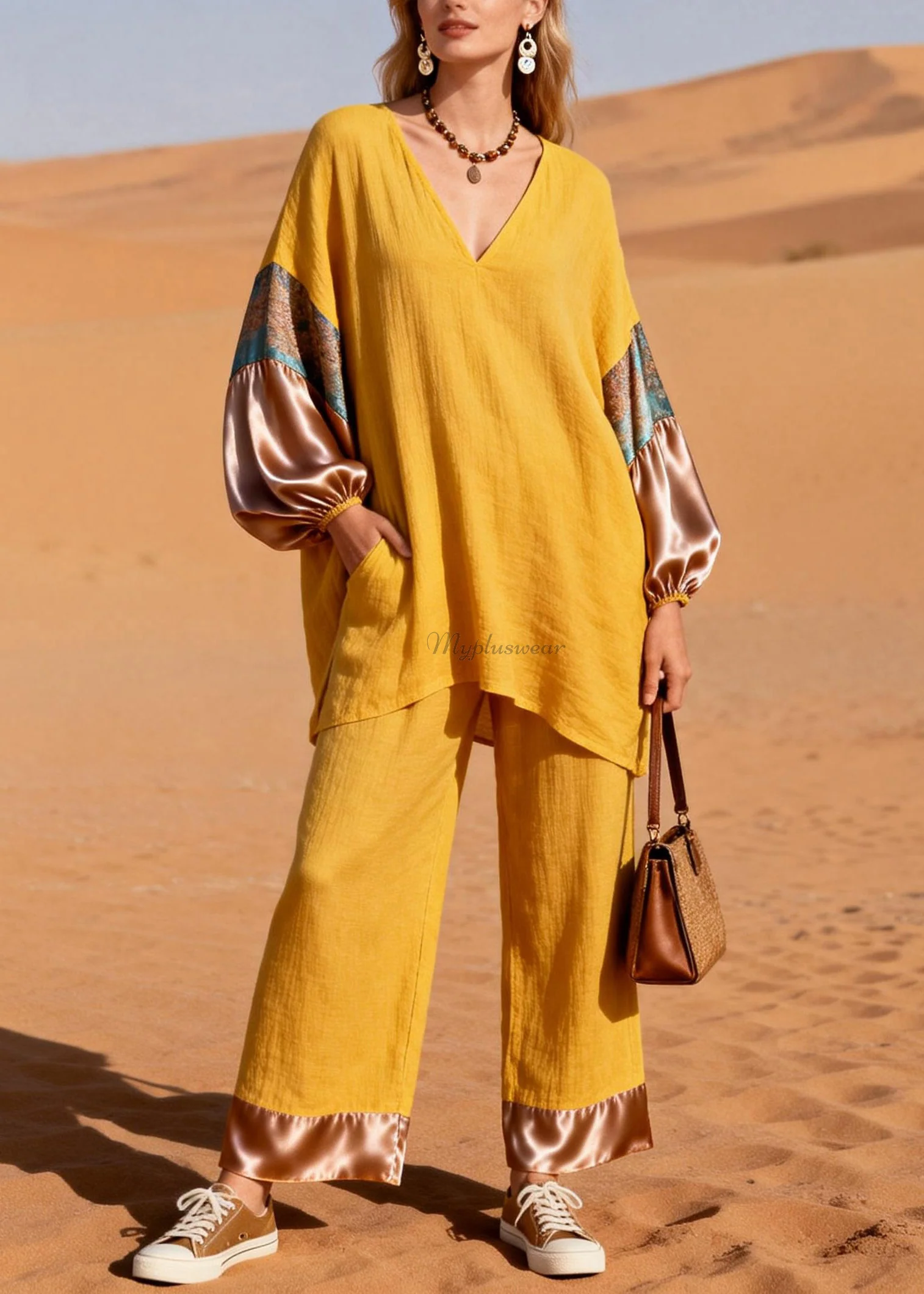 Art Yellow V Neck Patchwork Linen Silk Two Piece Set Spring - Image 3