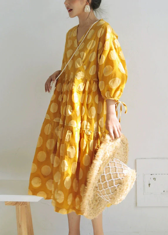 Art Yellow V Neck Print Lace Up Cotton Long Dresses Bracelet Sleeve - Image 2