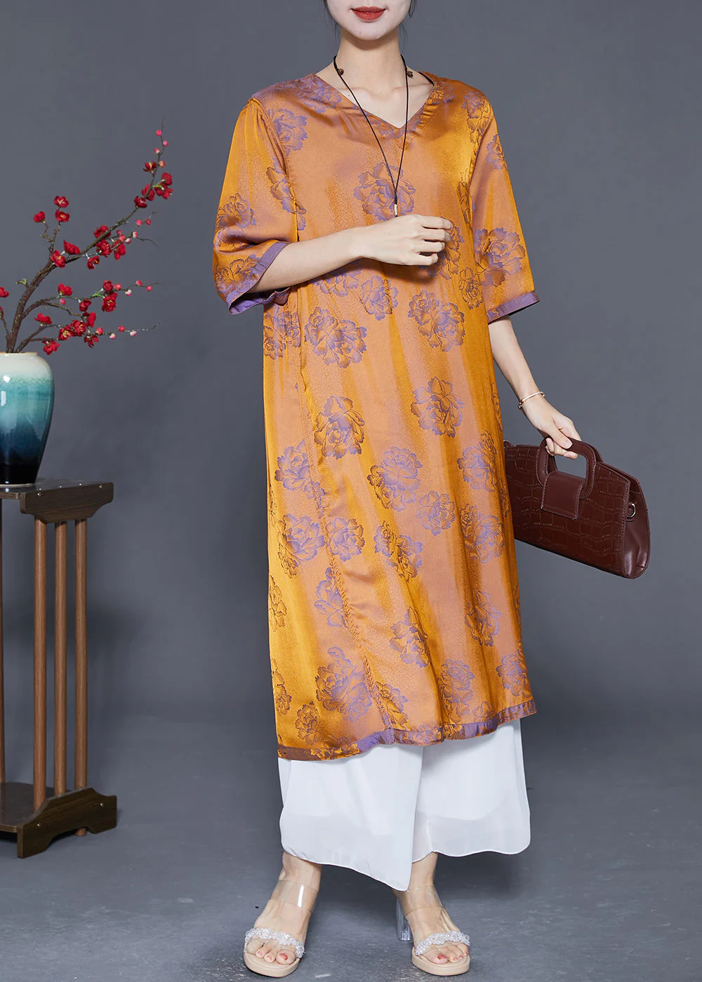 Art Yellow V Neck Print Wear On Both Sides Silk Dresses Summer - Image 2