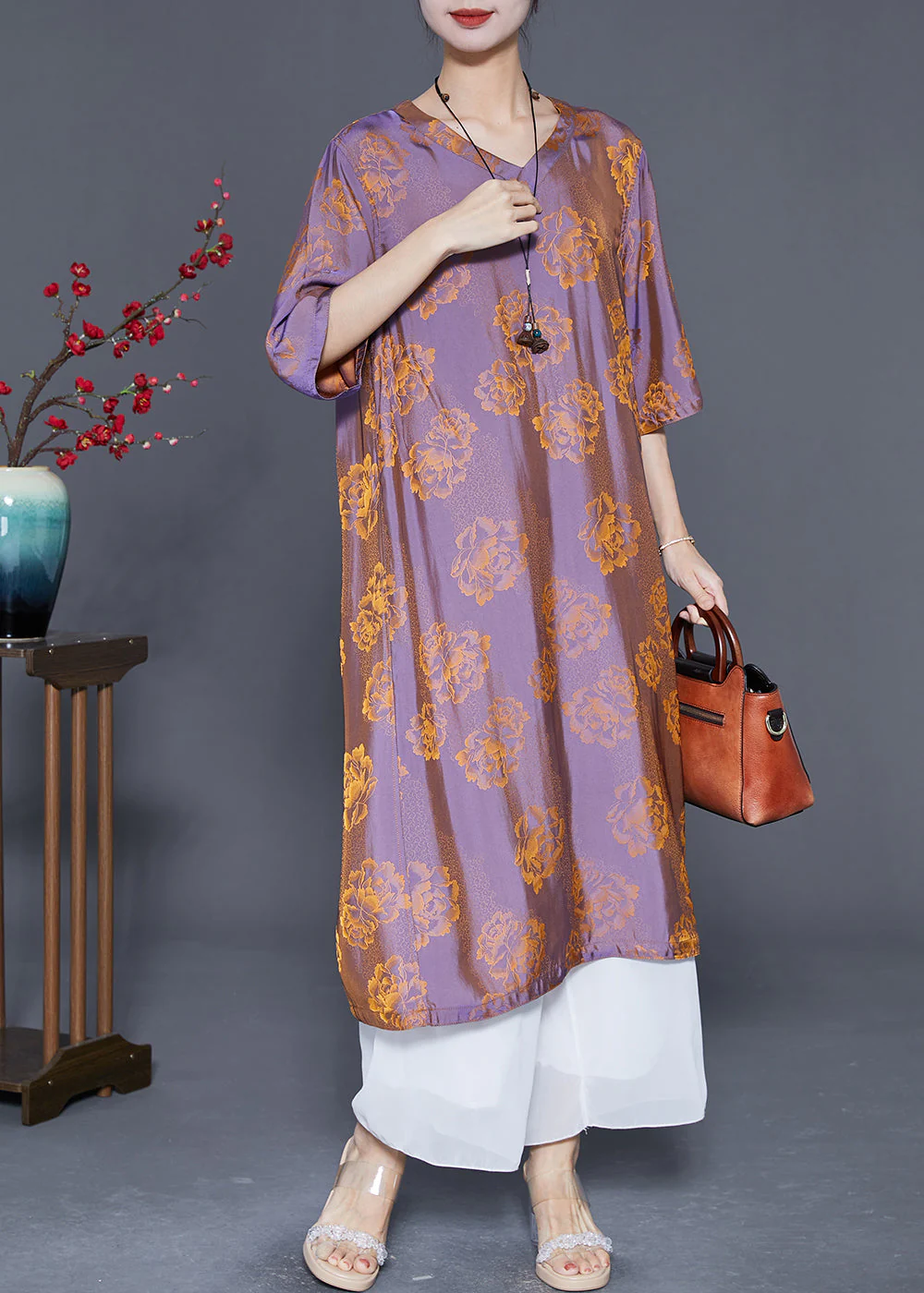 Art Yellow V Neck Print Wear On Both Sides Silk Dresses Summer - Image 3