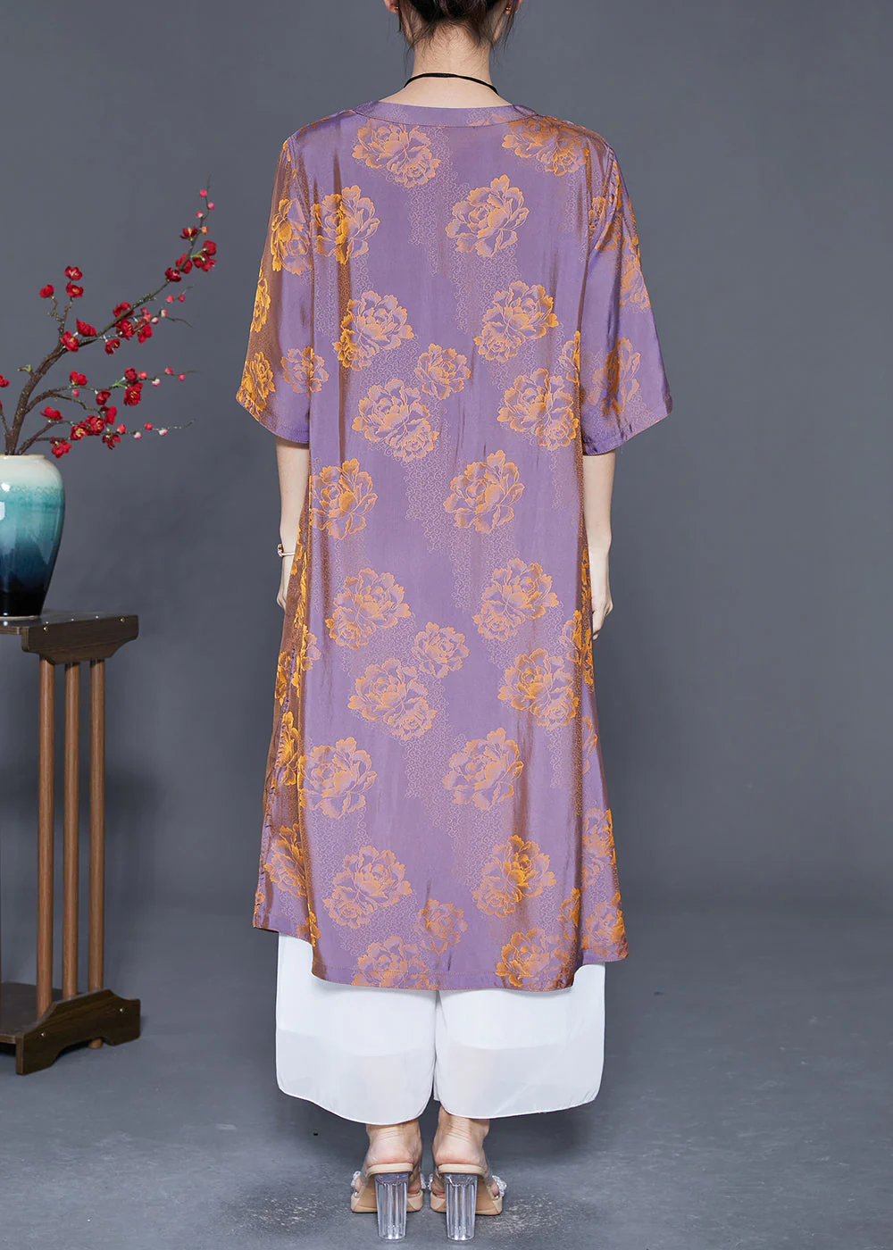 Art Yellow V Neck Print Wear On Both Sides Silk Dresses Summer - Image 5