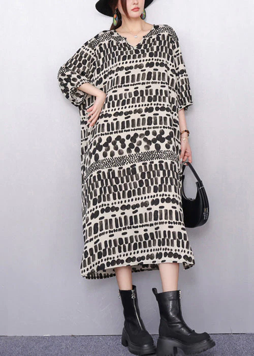 Artistic Patterned Print Pockets Cotton Long Dress Half Sleeve - Image 2