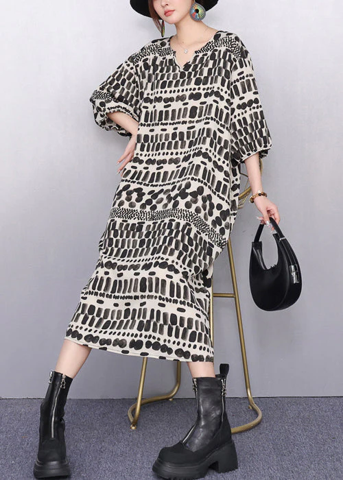 Artistic Patterned Print Pockets Cotton Long Dress Half Sleeve - Image 3
