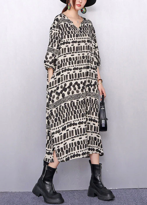 Artistic Patterned Print Pockets Cotton Long Dress Half Sleeve - Image 4