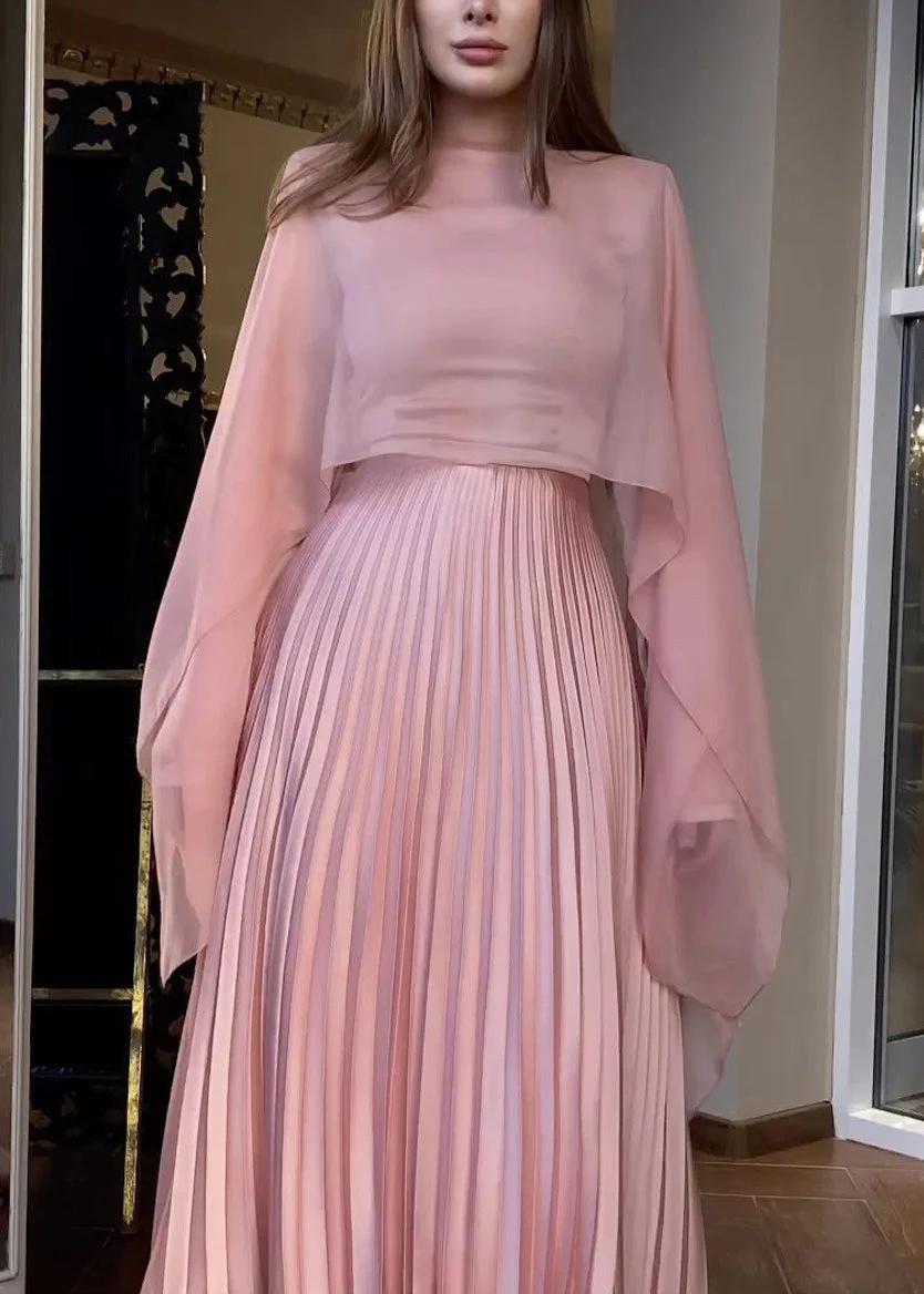 Autumn New Pink Pleated Long Sleeved Dress Shawl Set - Image 3