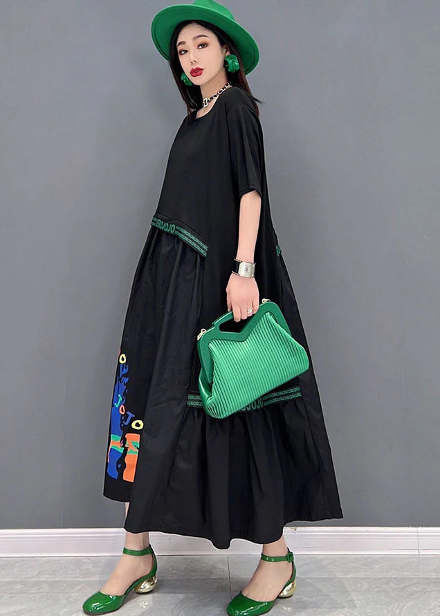 Baggy Black Asymmetrical Patchwork Print Cotton Holiday Dress Short Sleeve - Image 3
