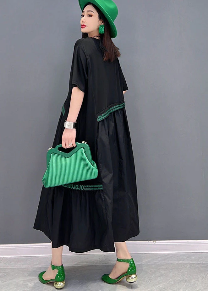 Baggy Black Asymmetrical Patchwork Print Cotton Holiday Dress Short Sleeve - Image 4