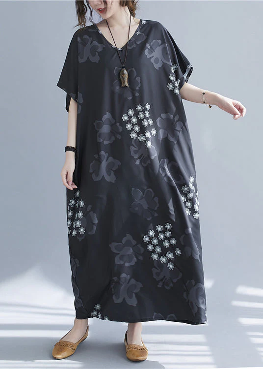Baggy Black V Neck Snowflake Print Chiffon Long Dresses Short Sleeve - Image 3