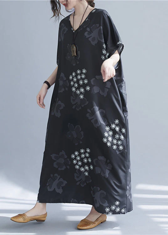 Baggy Black V Neck Snowflake Print Chiffon Long Dresses Short Sleeve - Image 4