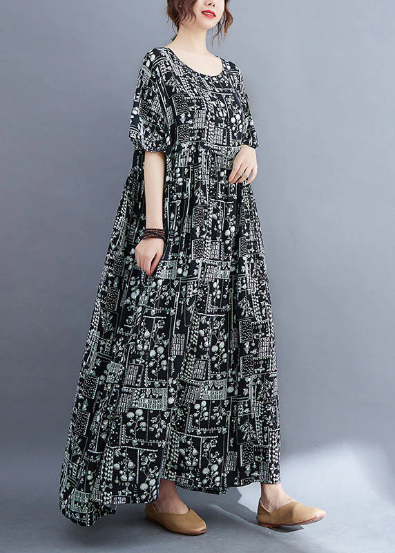 Baggy Black Wrinkled Patchwork Print Exra Large Hem Cotton Long Dress Short Sleeve - Image 4
