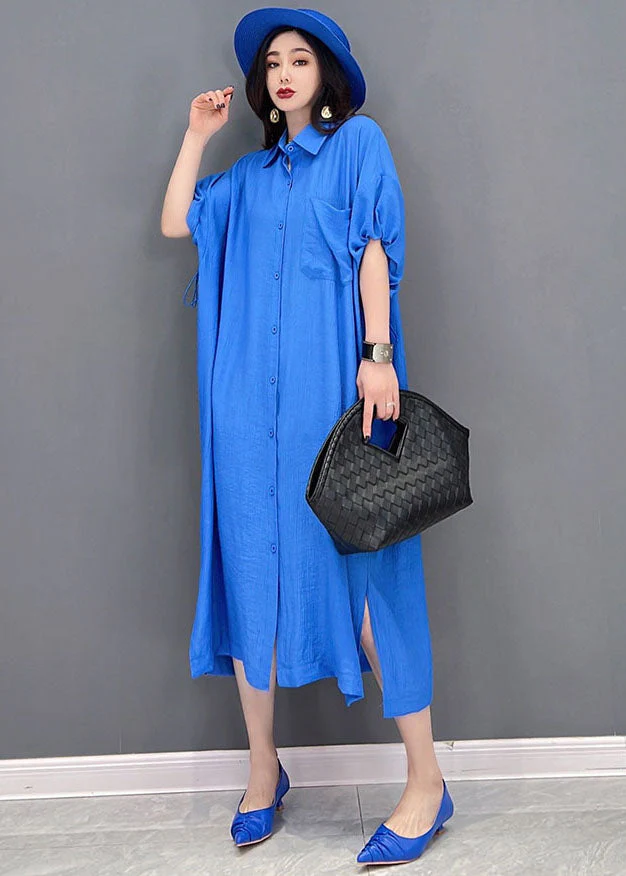 Baggy Blue Solid Peter Pan Collar Oversized Cotton And Linen Shirt Dress Short Sleeve - Image 3