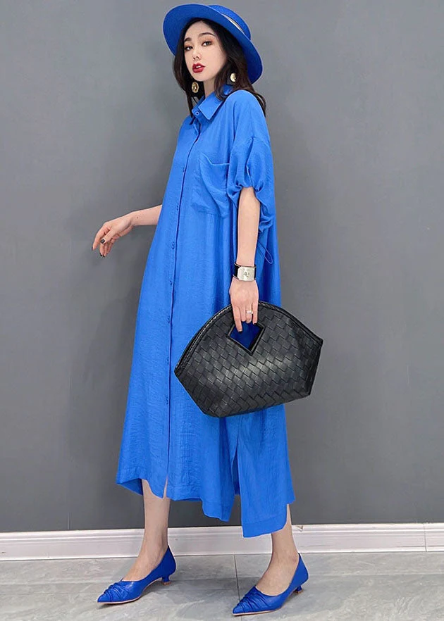 Baggy Blue Solid Peter Pan Collar Oversized Cotton And Linen Shirt Dress Short Sleeve - Image 4