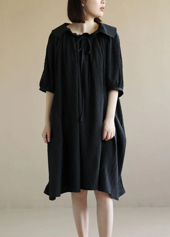 Baggy Chic Black Peter Pan Collar Wrinkled Lace Up Maxi Dresses Short Sleeve - Image 2