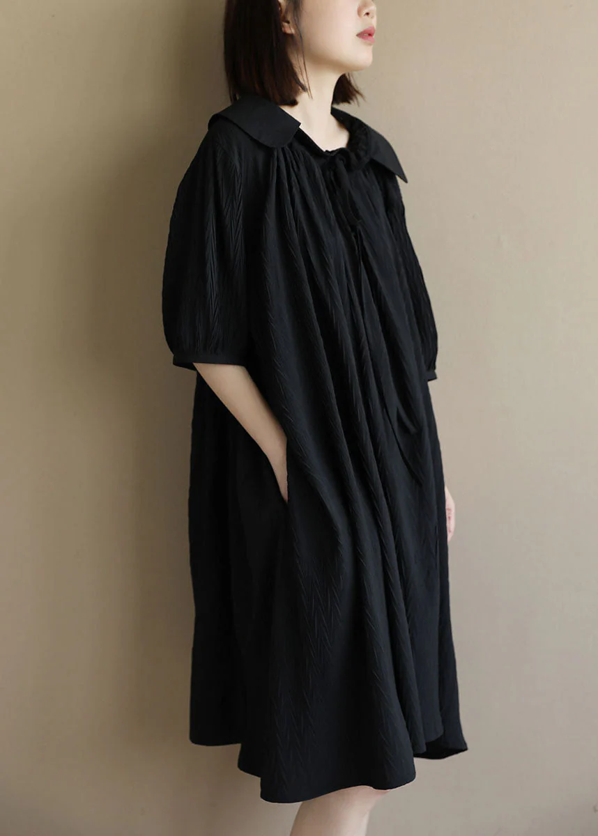 Baggy Chic Black Peter Pan Collar Wrinkled Lace Up Maxi Dresses Short Sleeve - Image 3