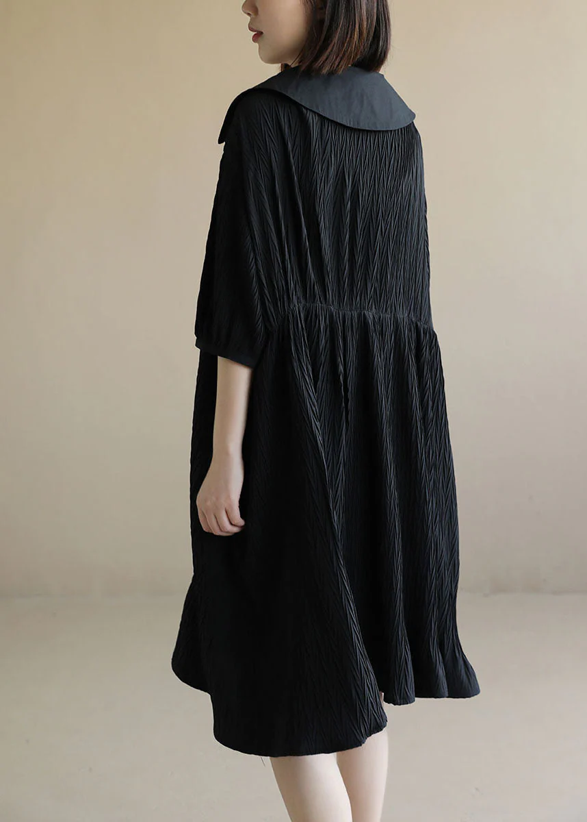 Baggy Chic Black Peter Pan Collar Wrinkled Lace Up Maxi Dresses Short Sleeve - Image 4