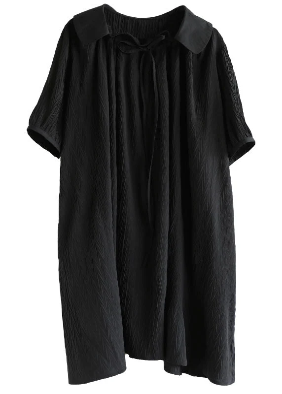 Baggy Chic Black Peter Pan Collar Wrinkled Lace Up Maxi Dresses Short Sleeve - Image 5