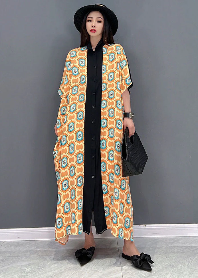Baggy Orange Peter Pan Collar Print Patchwork Chiffon Vacation Dresses Short Sleeve - Image 2