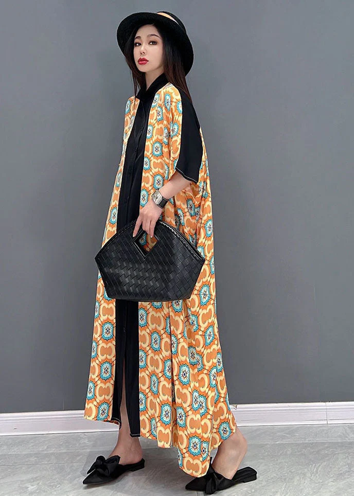 Baggy Orange Peter Pan Collar Print Patchwork Chiffon Vacation Dresses Short Sleeve - Image 3