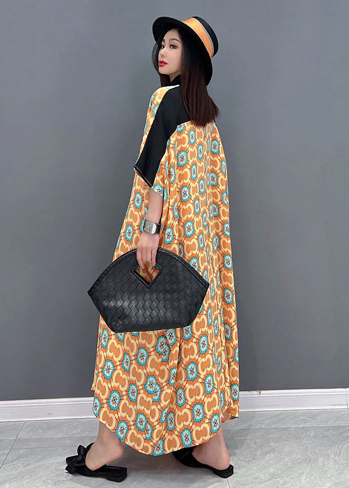 Baggy Orange Peter Pan Collar Print Patchwork Chiffon Vacation Dresses Short Sleeve - Image 4