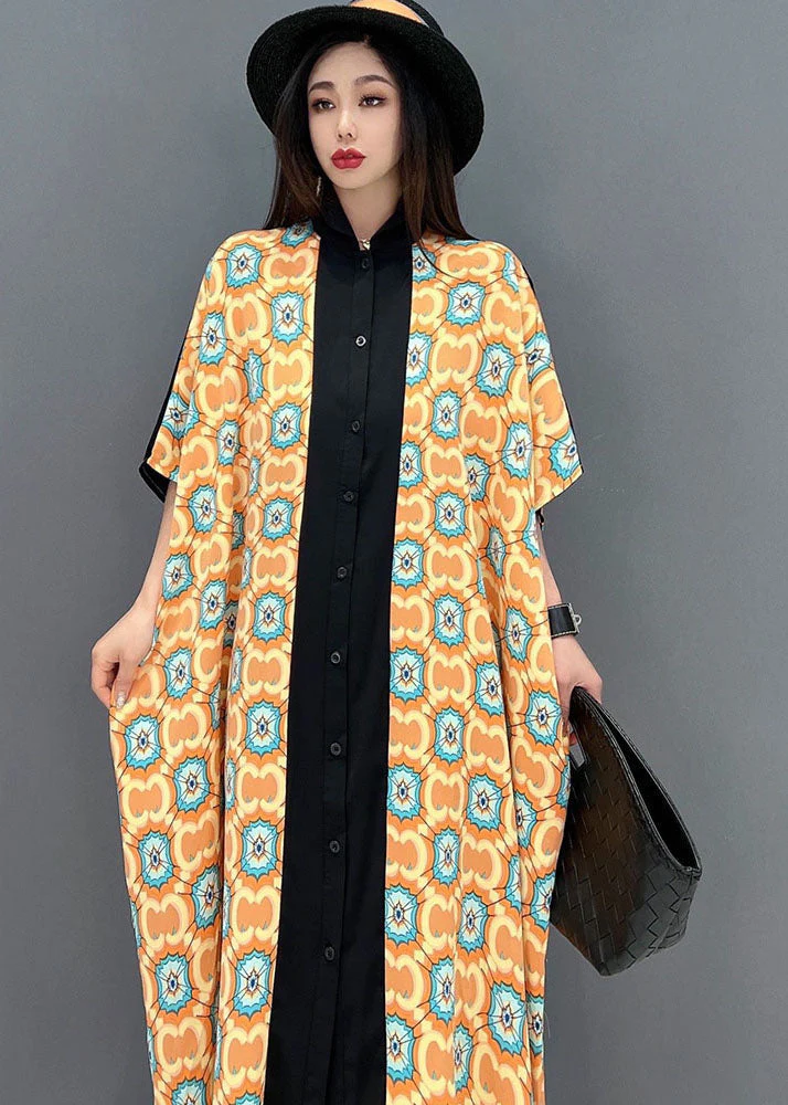 Baggy Orange Peter Pan Collar Print Patchwork Chiffon Vacation Dresses Short Sleeve - Image 5