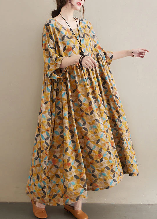 Baggy Yellow O-Neck wrinkled Leaf Print Linen Ankle Dress Half Sleeve - Image 2