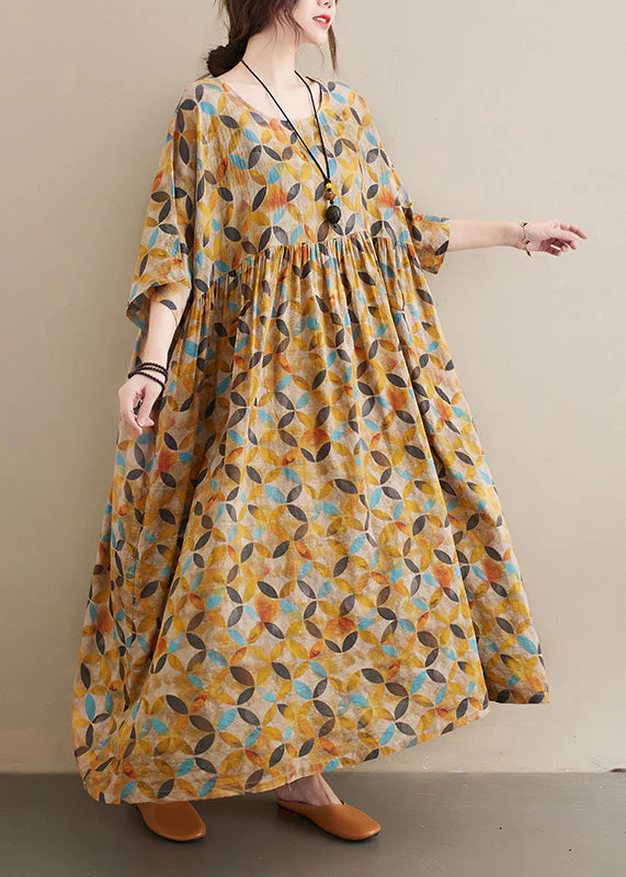 Baggy Yellow O-Neck wrinkled Leaf Print Linen Ankle Dress Half Sleeve - Image 3