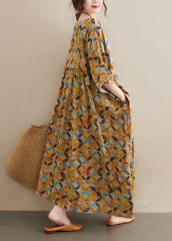 Baggy Yellow O-Neck wrinkled Leaf Print Linen Ankle Dress Half Sleeve - Image 4